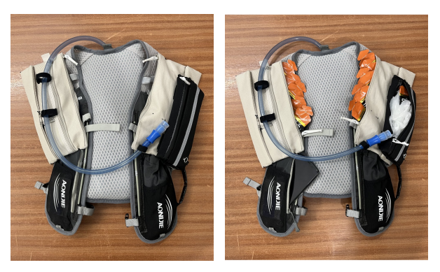 two images of a backpack with home made pouches - one empty and the other with gel sachets and an iphone poking out of the relevant pockets