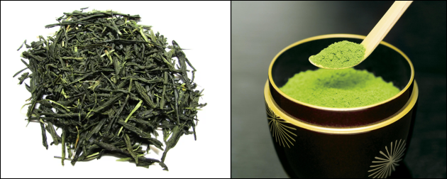 composite photo - dry green tea leaves - powdered matcha