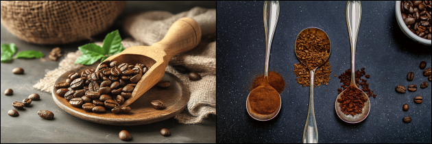 composite photo - roasted coffee beans - coffee powder on a spoon - two more spoons with varieties of coffee granules